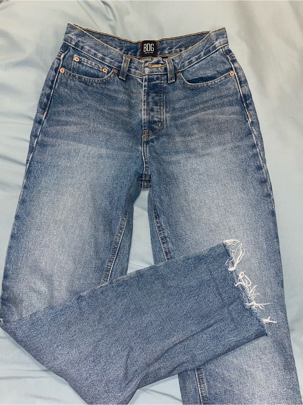 BDG Light Blue High-Rise Distressed Straight Jeans